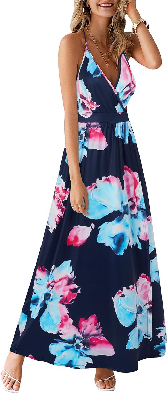 OUGES Damen Sommerkleid V-Ausschnitt Maxikleid Rückenfreies High Waist Spaghetti Strap Freizeitkleid