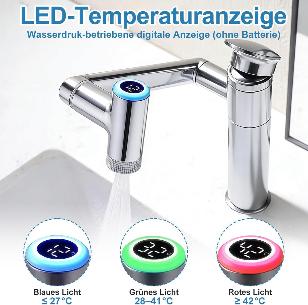 Wasserhahn Bad mit Temperaturanzeige(Batterielos), 1080° Drehbar Einhebelmischer Waschbecken, Höhenv