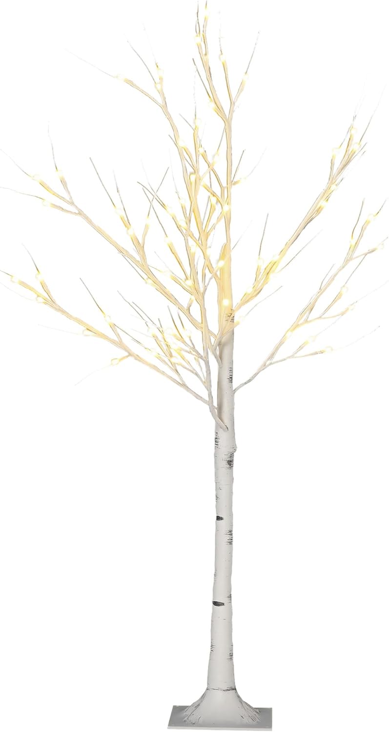 HOMCOM 120 cm Kunstbaum, Weihnachtsbaum Birken mit LED, Kunstbirke, Birkenbaum, Weihnachtsdeko für H
