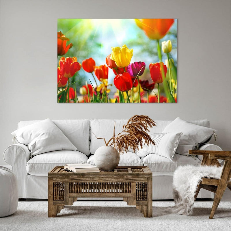 Bilder auf Leinwand 100x70cm Leinwandbild Tulpe Blume Plantage Wiese Gross Wanddeko Bild Schlafzimme