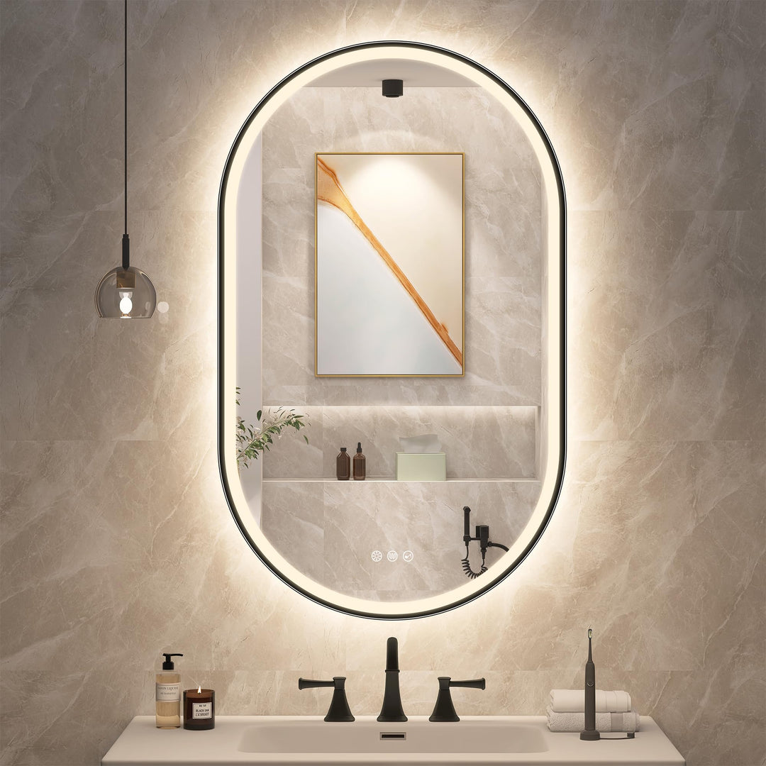 STARLEAD Schwarz Oval-LED-Badspiegel-mit-Beleuchtung 100x60cm, Bluetooth, Dimmbar, 3 Lichtfarben, En