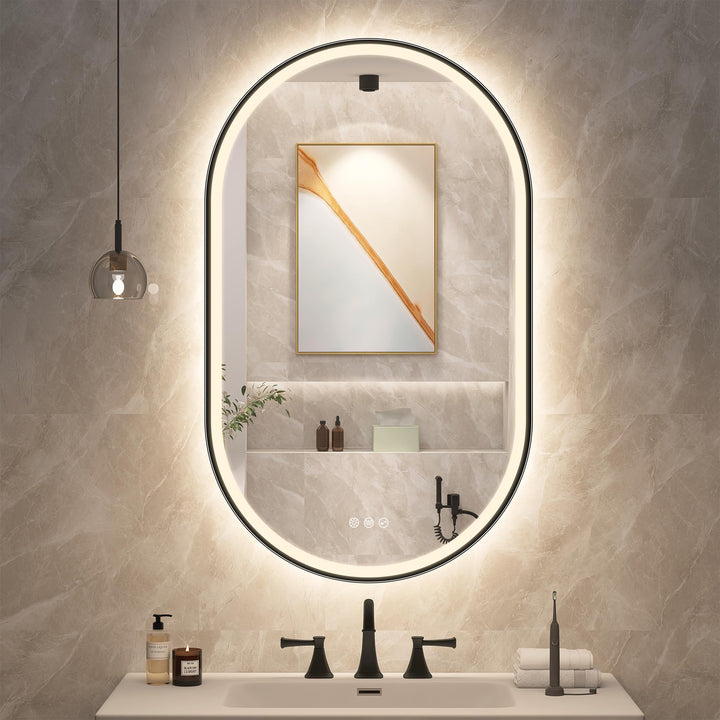 STARLEAD Schwarz Oval-LED-Badspiegel-mit-Beleuchtung 100x60cm, Bluetooth, Dimmbar, 3 Lichtfarben, En