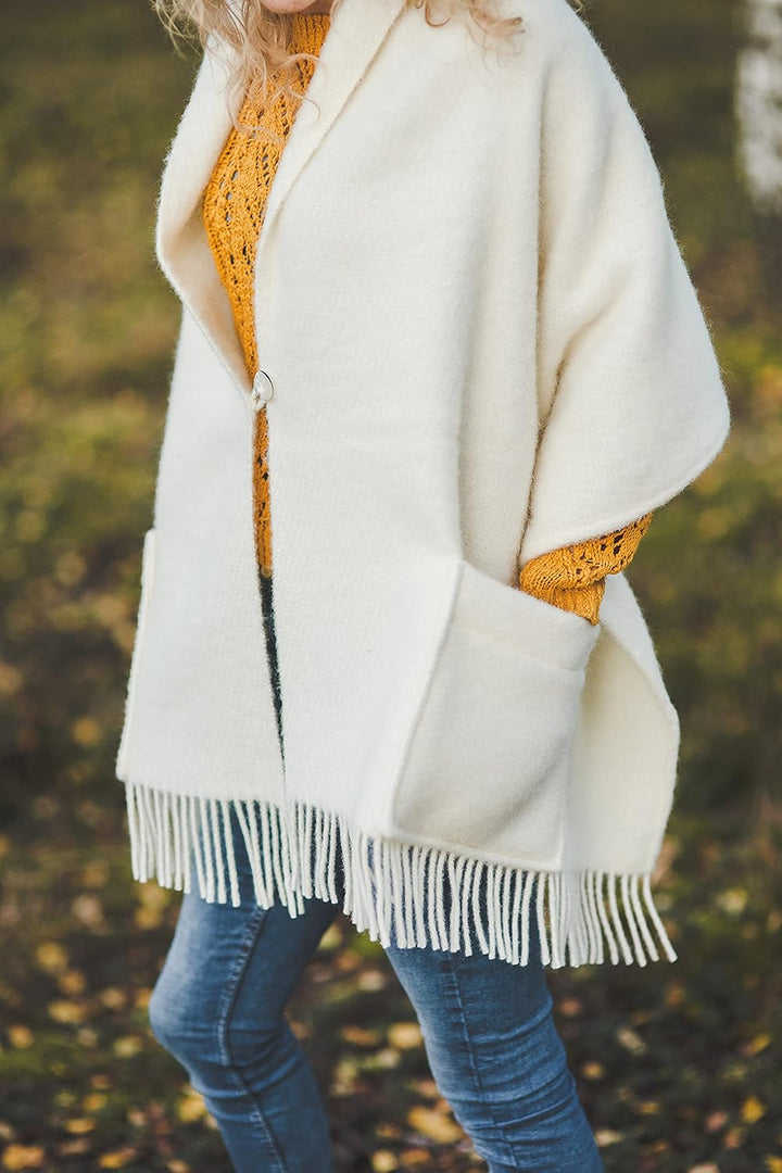 Damen Schal Schultertuch aus 100% Wolle mit Taschen - Poncho Stola 65x180cm + Fransen Tuch & Umschla