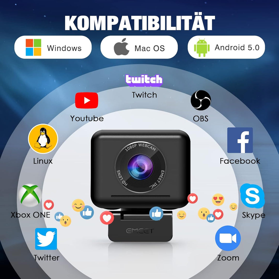 EMEET 1080P HD Webcam, Streaming Webcam mit 4 De-Noise Mikros, Smart KI Fokus & Low-Light Korrektur,