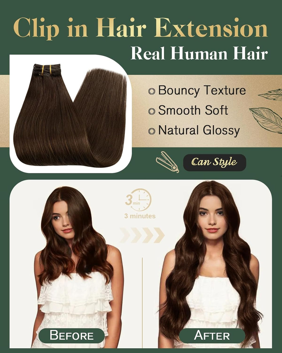 Ugeat Haarverlängerung Echthaar Clip in Extensions Echthaar Schokobraun Menschliches Haar Remy Clip
