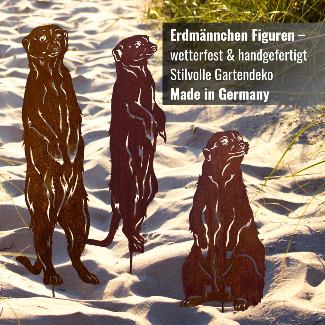 Terma Rostfigur Gartenstecker Set Erdmännchen 40–45 cm – Deko Tierfigur aus Metall mit Spiess – Rost