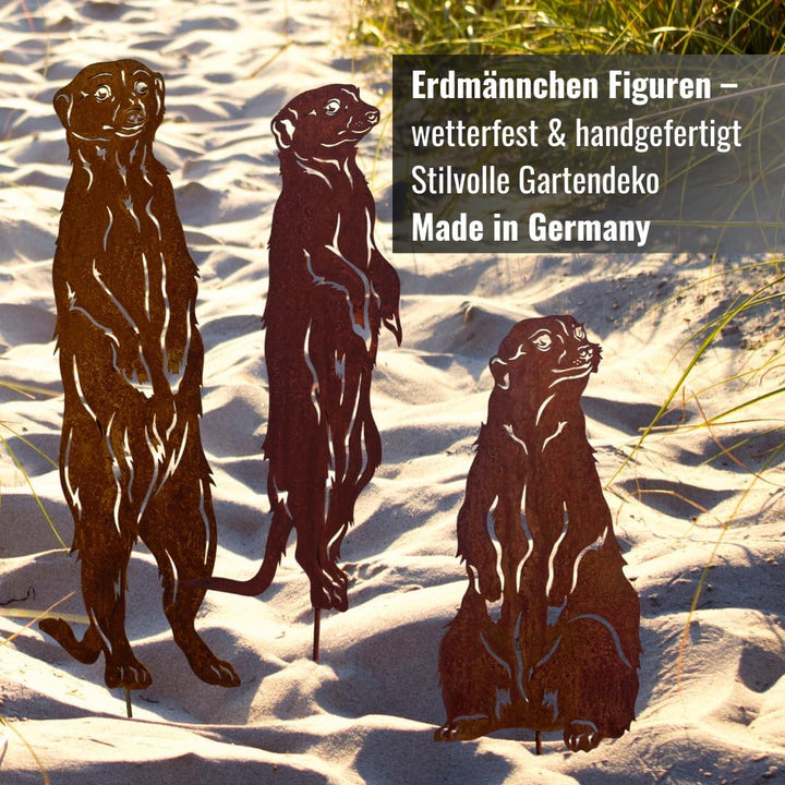 Terma Rostfigur Gartenstecker Set Erdmännchen 40–45 cm – Deko Tierfigur aus Metall mit Spiess – Rost