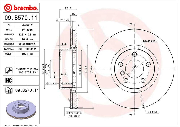 Brembo 09.B570.11 Vordere Bremsscheibe mit UV Lackierung