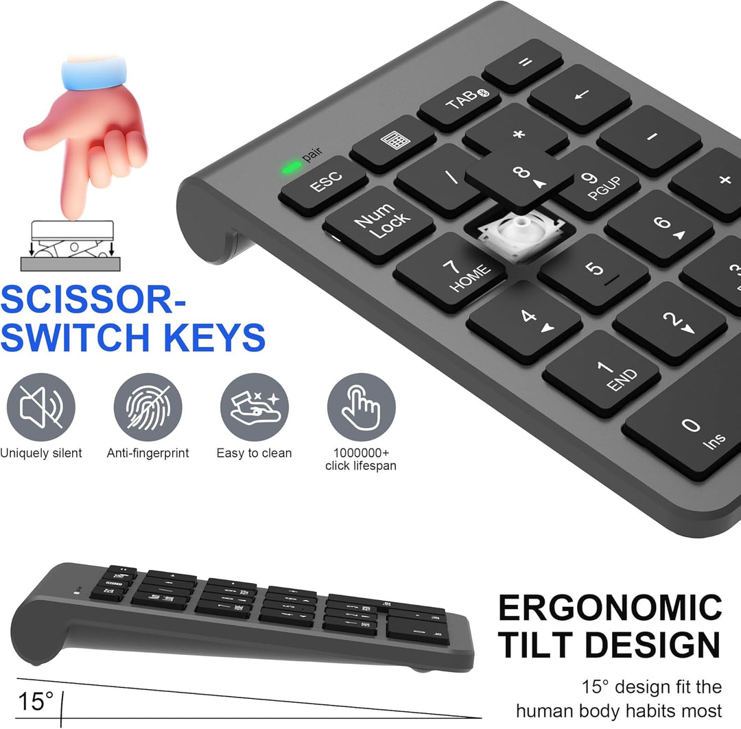 Nummernblock Bluetooth - Ziffernblock Kabellos - Numpad mit 22 Tasten und Mehreren Tastaturkürzeln -