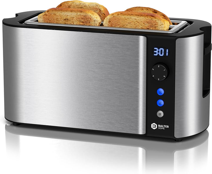 Balter Toaster 4 Scheiben, Langschlitz, Edelstahl, Brötchenaufsatz, LCD Display mit Restzeitanzeige,