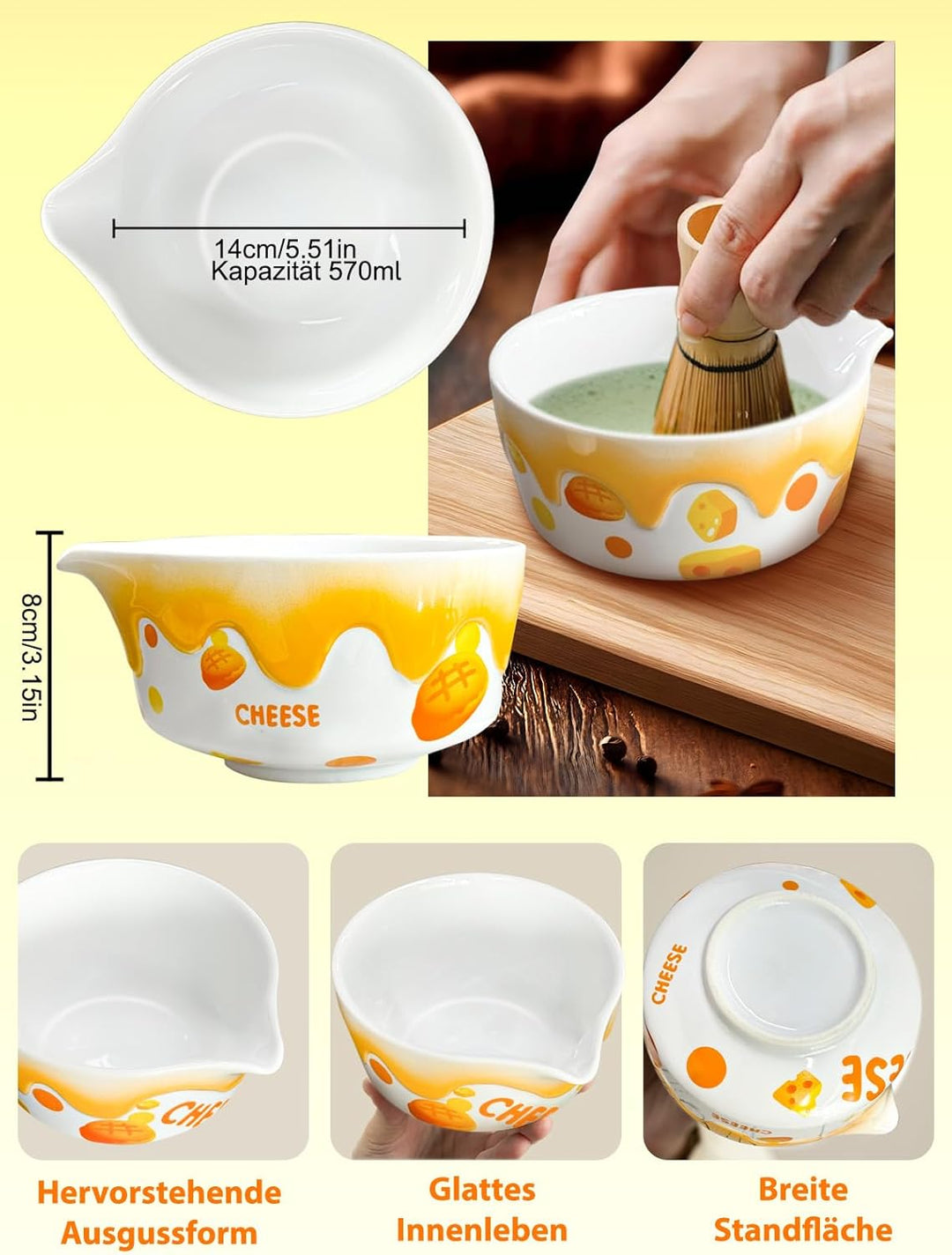 Matcha Set mit Matcha Besen, Keramikschale (560ml, Orange-Käse-Design), Löffel und Zubehör | Set mit