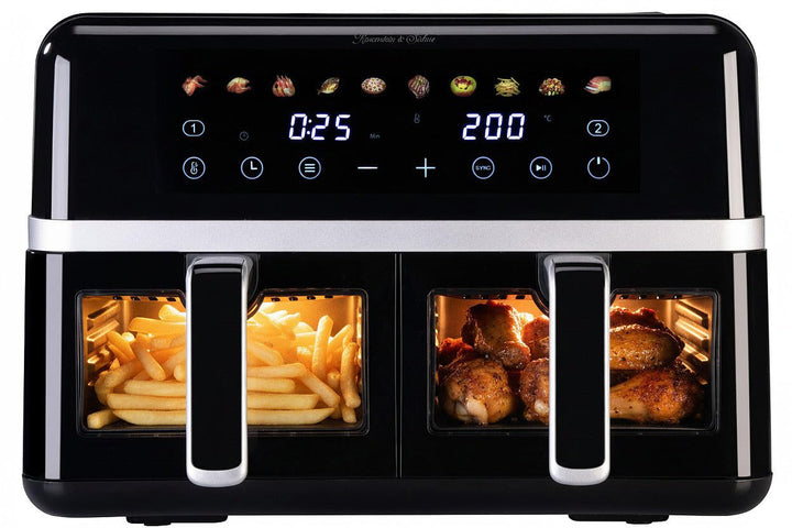 Rosenstein & Söhne Fritteuse: Dual-Heissluftfritteuse, 2 Schubladen mit Sichtfenster, 10 Programme (