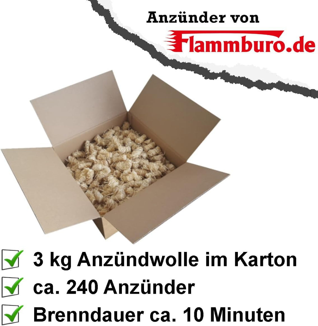 FLAMMBURO (3kg = ca. 240 Stück Anzündwolle für Kamin, Ofen und Grill – Ökologischer Holzanzünder, Ka