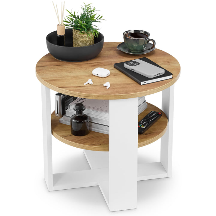 Couchtisch rund Eiche Ø53 cm -Kleiner Beistelltisch mit Ablage - 2 Ebenen, runder moderner Kaffeetis