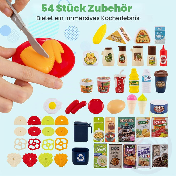 HOMASIS Spielküche mit 54 Zubehör, Kinderküche mit Licht, Sound &amp; Dampf, Spielzeugküche mit Herd Was