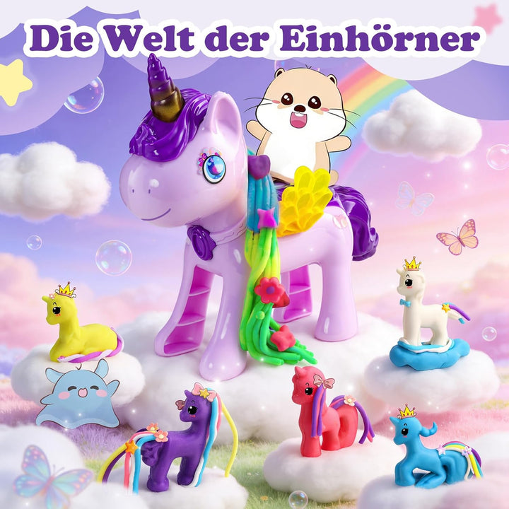 Einhorn Knete Set Kinder 36 Stück mit 16 Dosen Knetmasse, Knetezubehör Einhorn mit Frisur & Formen,