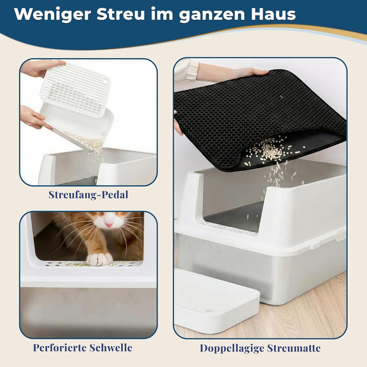 Katzenklo Edelstahl mit Deckel XXL – Geschlossene Katzentoilette mit 2 Eingängen, Trittstufe, Schauf