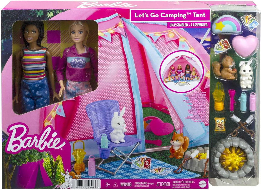 Barbie HGC18 - Barbie „Abenteuer zu zweit“ Camping-Spielset mit Zelt, 2 Barbie-Puppen und 20 Zubehör