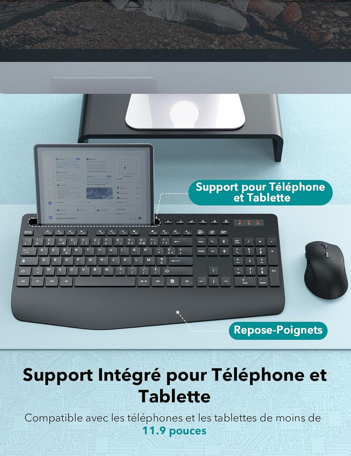 Tastatur Maus Set Kabellos, Ergonomische Tastatur in Voller Grösse mit Handgelenkauflage, Telefonhal