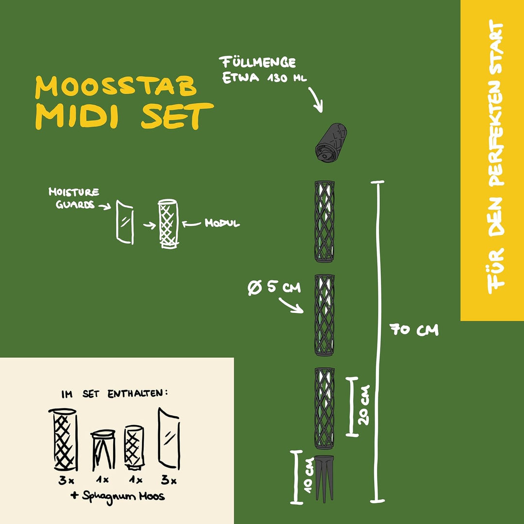 PlantMe Moosstab Midi 70cm Komplettset (Grün-Grau, 70cm)