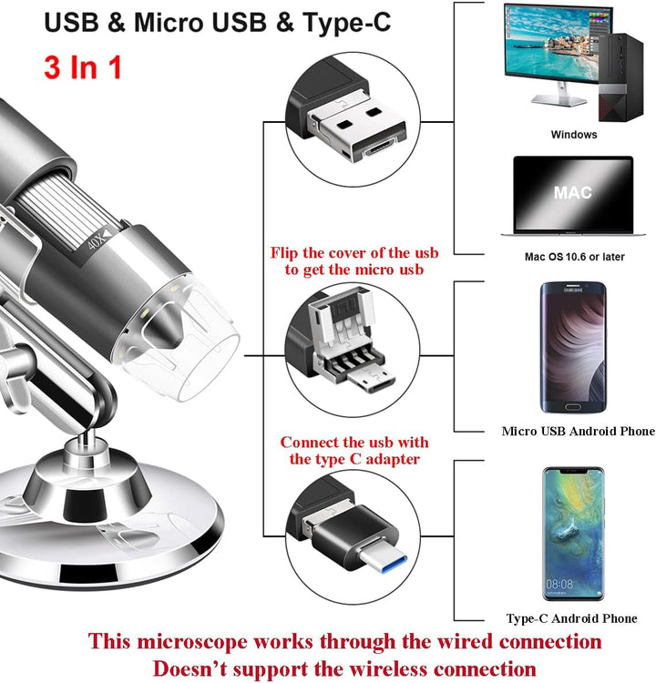 Cainda USB-Mikroskop-Kamera, 40 x bis 1000 x, digitales Mikroskop mit Metallständer und Tragetasche,