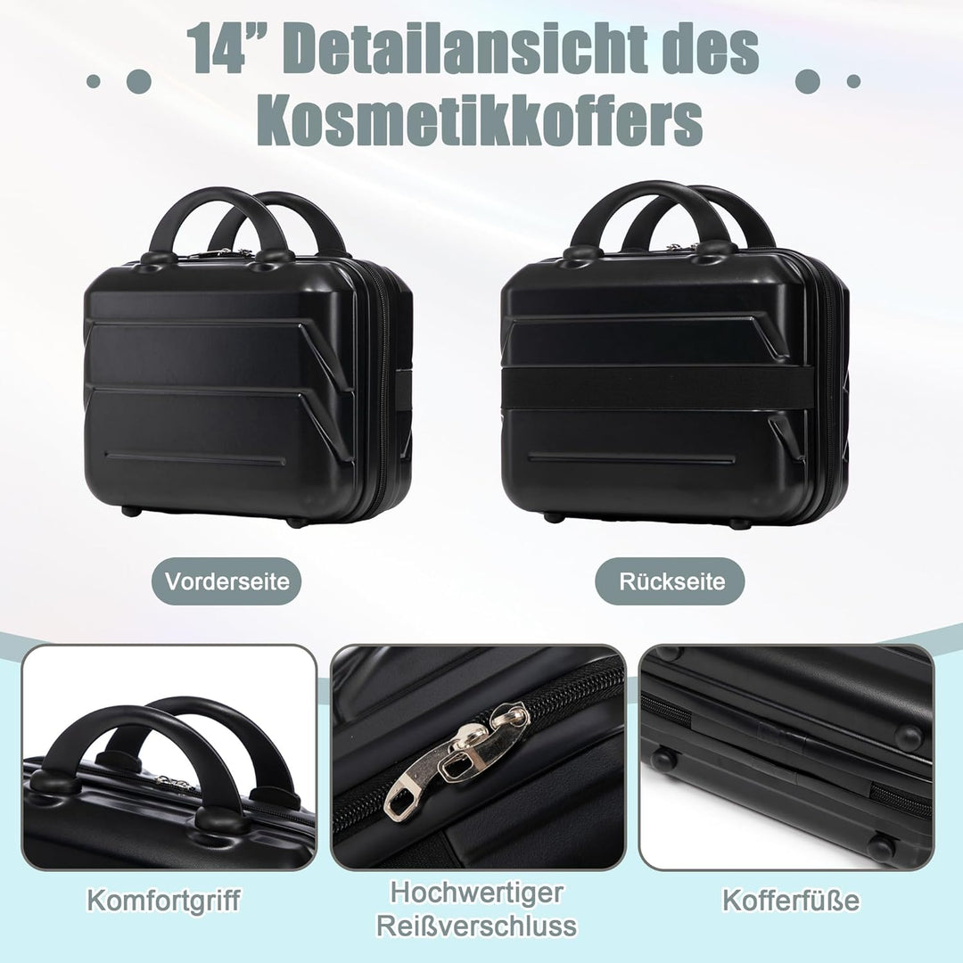 Hartschalen-Koffer Trolley Handgepäck Rollkoffer, Reisekoffer Set mit 4 Rollen, 2er Gepäckset Schwar