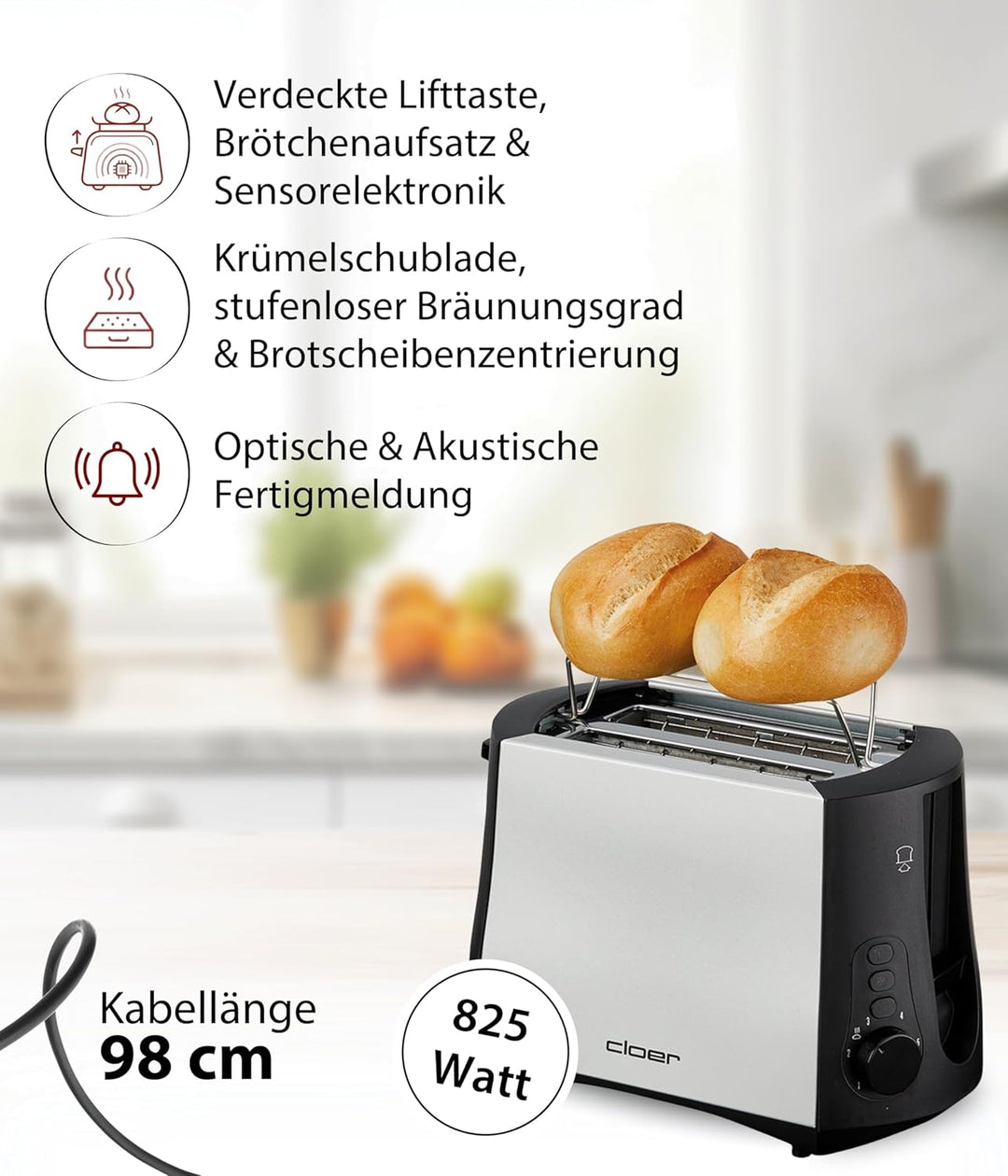 Cloer 3410 Toaster / 825 W / für 2 Toastscheiben / integrierter Brötchenaufsatz / Nachhebevorrichtun