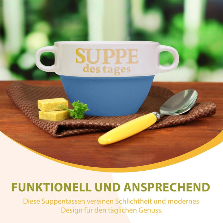 DRULINE 4 Stück Suppentasse aus Keramik mit Schriftzug Suppe des Tages Ø 13 cm Blau 4 Stück Blau, 4