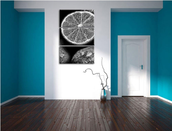 Pixxprint Monocrome, aufgeschnittene Limetten 3-Teiler Leinwandbild 120x80 Bild auf Leinwand