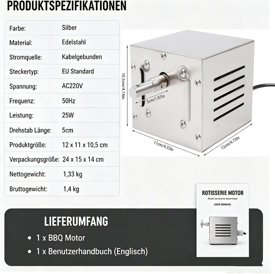 Grillmotor 25W Rotisserie-Motor Edelstahl 60kg Last
