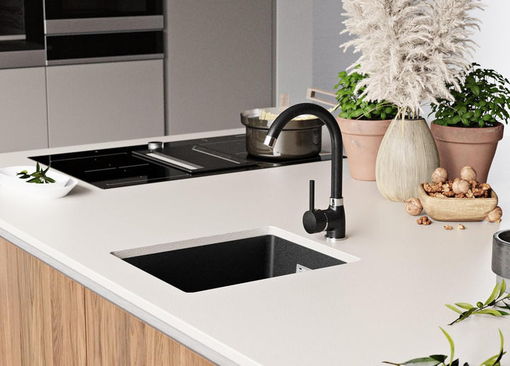 Unterbauspüle Graphit 36 x 47 cm, Granitspüle + Siphon Klassisch, Spülbecken ab 40er Unterschrank, K