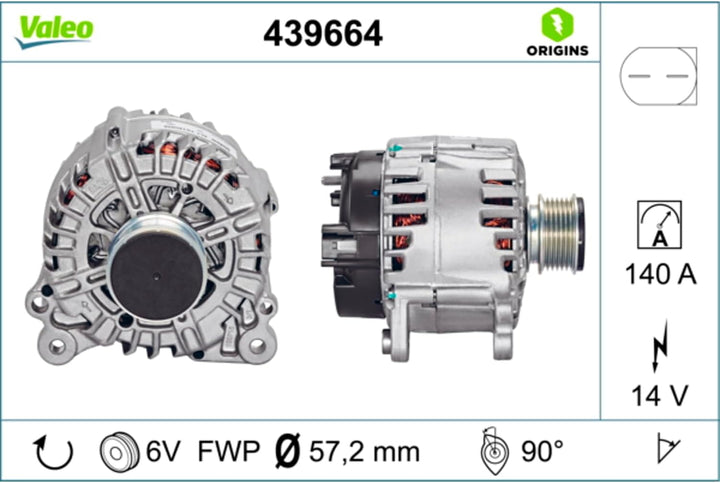 VALEO 439664 Generator Ladestrom des Generators: 140 Amp Rippen: 6 rippen Riemenscheibe Ø: 57,2 mm S