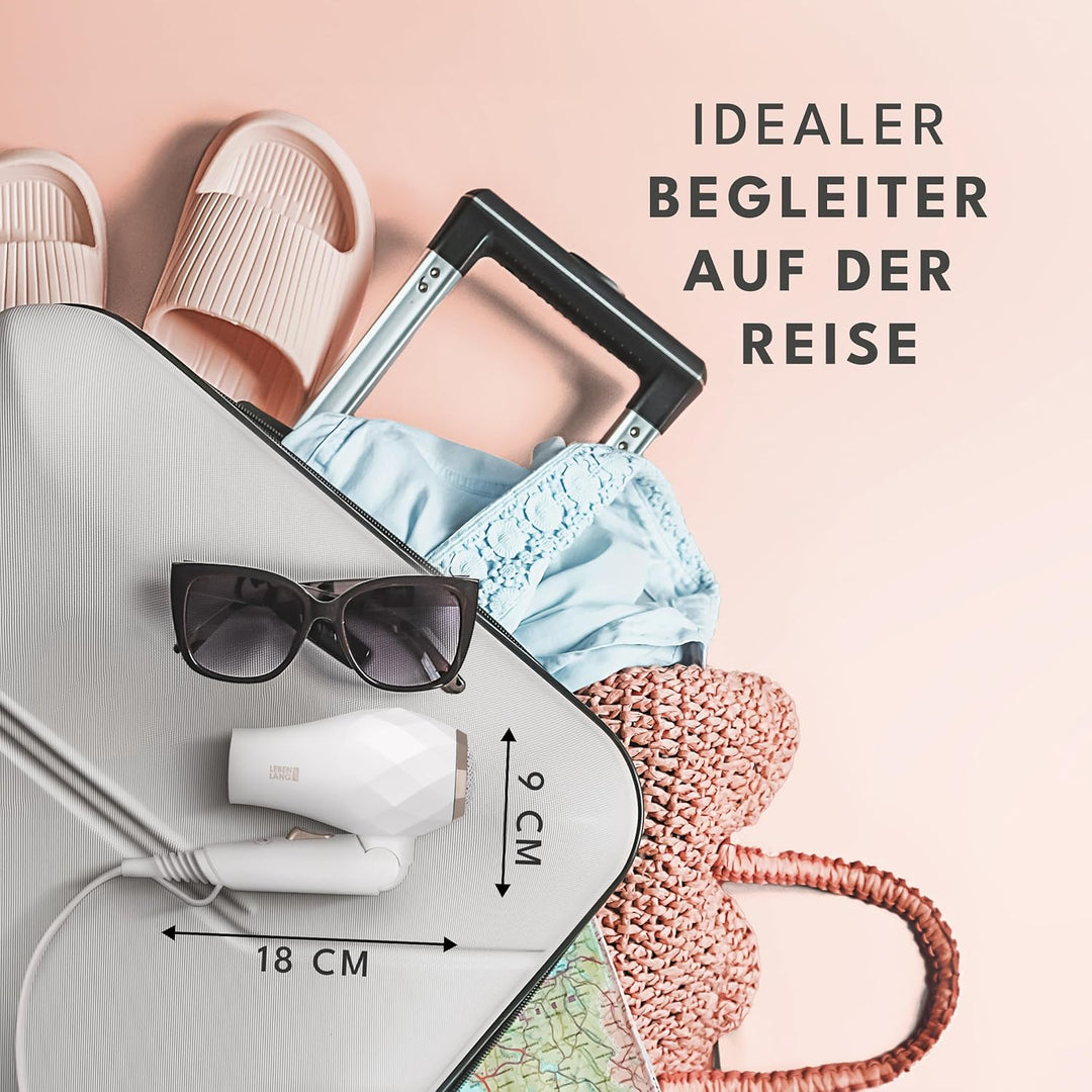 LEBENLANG Reisefön klappbar klein - Duale Spannung & Inkl. Reisetasche mit Stylingdüse I Reise Föhn