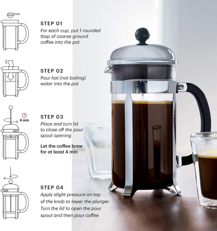 Bodum Chambord Kaffeebereiter 8 Tassen mit Metallrahmen, Chrom, Schwarz, 1 l