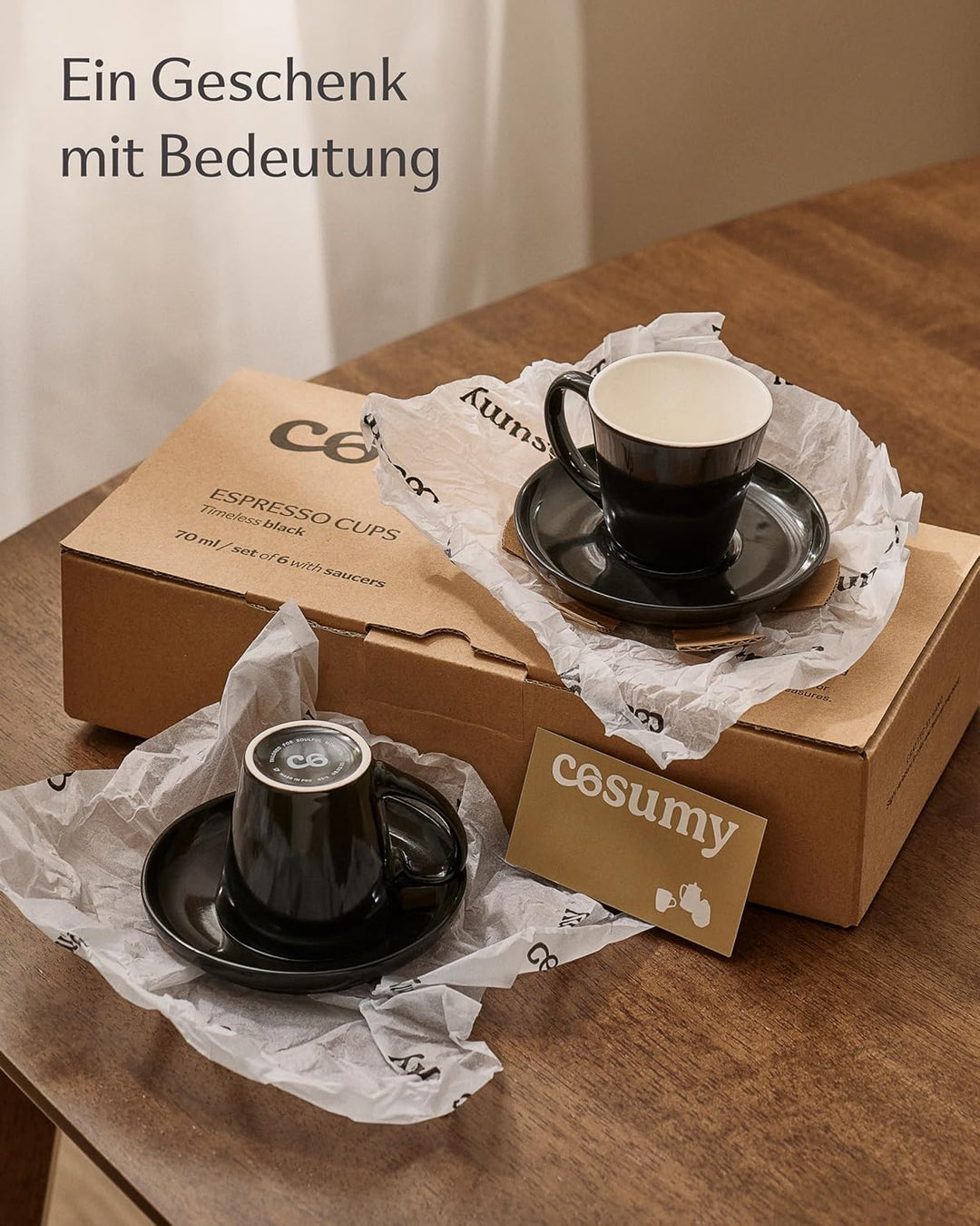 Cosumy Espressotassen Set 6er Schwarz mit Untertassen - Keramik - Hält Lange Warm - Mokkatassen Stap