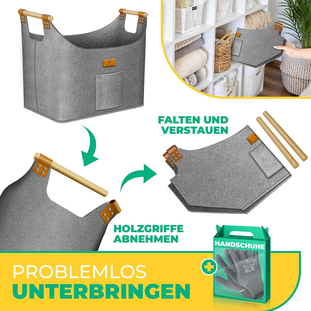 KESSER® Brennholzkorb 90 Liter | Kaminholztasche extra Dicker Filz | Feuerholzkorb faltbar mit verst