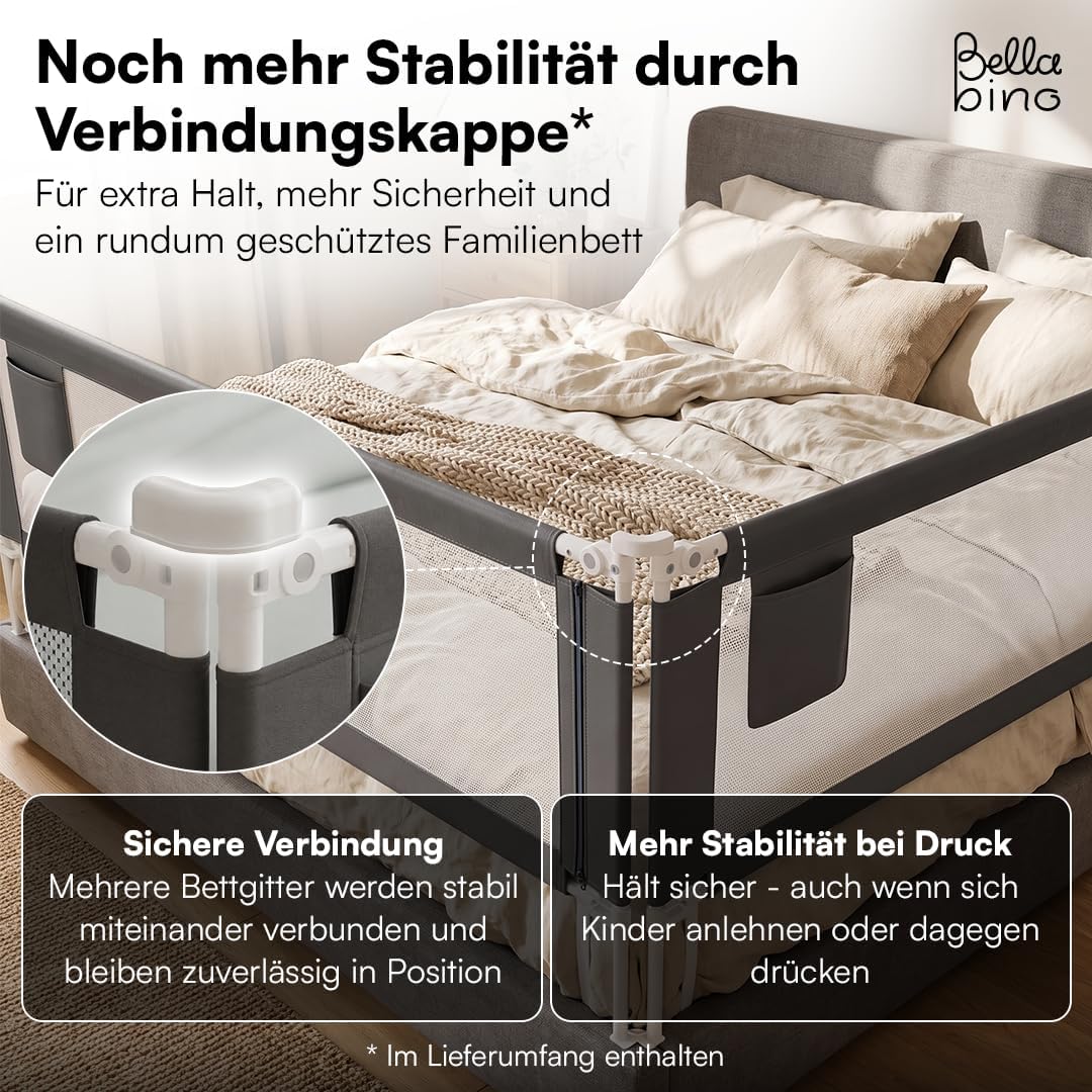 Bellabino Drina Rausfallschutz 150 cm, mit Sicherheitsgurt, Dunkelgrau | Bettschutzgitter, Bettgitte
