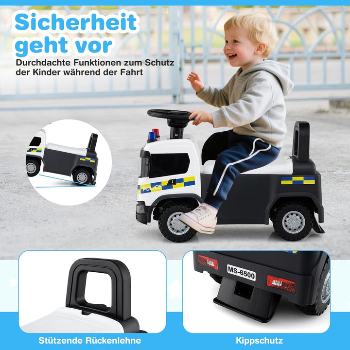 GOPLUS Kinder Rutschauto, 2 in 1 Schiebeauto, Polizeiauto mit Lichtern, Geräuschen & Stauraum unter