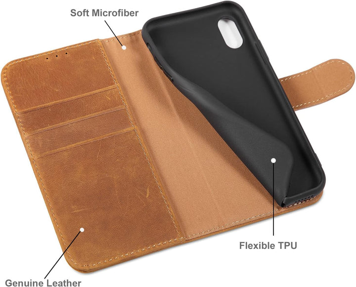 LENSUN Echtleder Hülle für iPhone XS, iPhone X Handyhülle [Echtes Leder][Magnetverschluss][RFID Schu