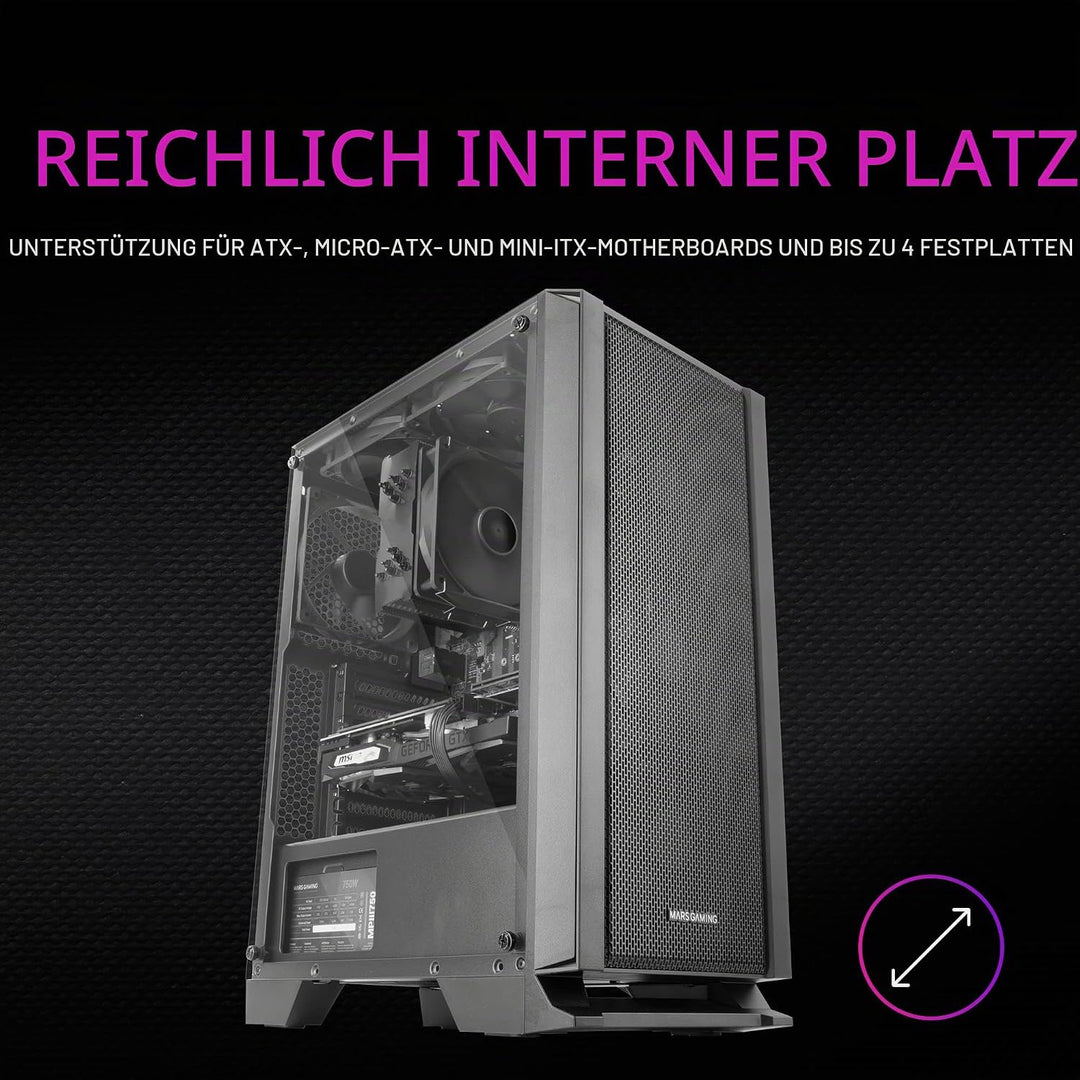 Mars Gaming MC-Master, ATX PC Gehäuse, Metall-Mesh Frontplatte, Gehärtetes Glas, 4 Ultraleise 120mm