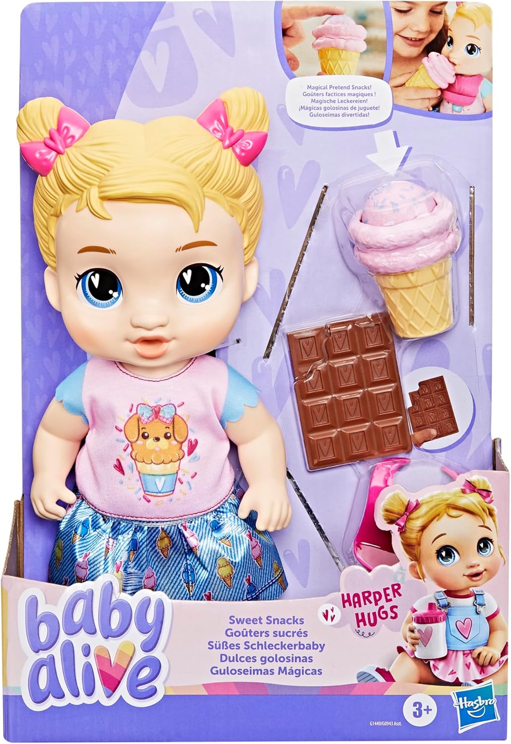 Baby Alive Süsses Schleckerbaby Harper Hugs Puppe mit Spiel-Lebensmitteln, Blonde Haare, 28 cm, Spie