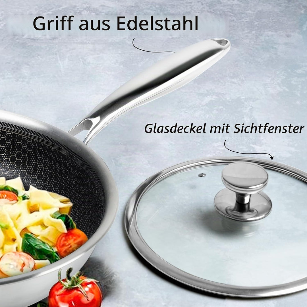 Pfannenset 3-teilig 20+24+28 cm aus Edelstahl mit Deckel, Induktionsgeeignet, Antihaftbeschichtung m