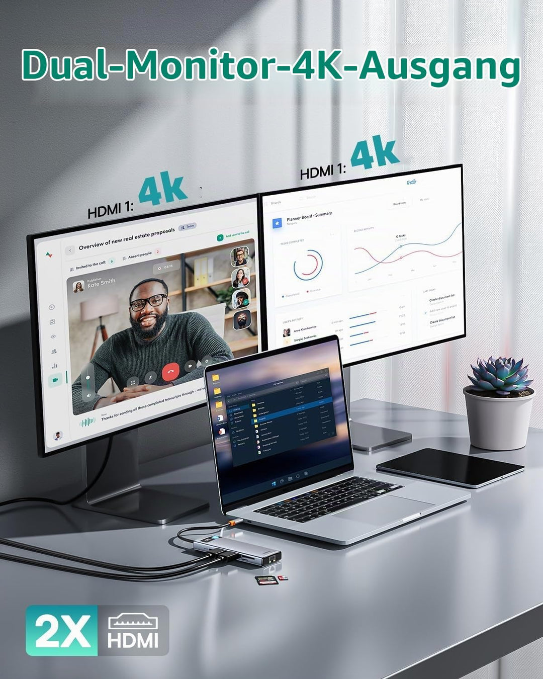 Baseus USB C HUB Dual 4K HDMI Display, 9 in 1 Docking Station 2 HDMI Dual Monitor, Gigabit Ethernet,
