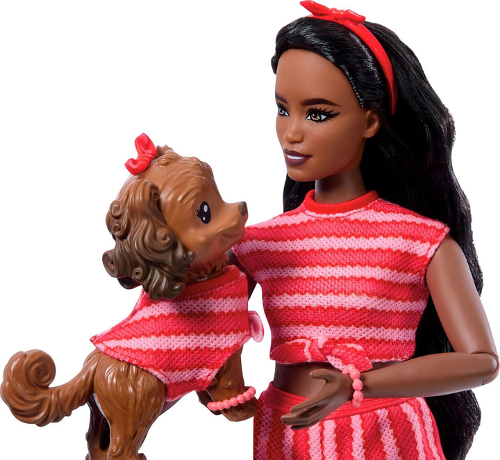 Barbie Twinning Looks Puppe mit Hund in passender rot gestreifter Kleidung und Accessoires für Sonne