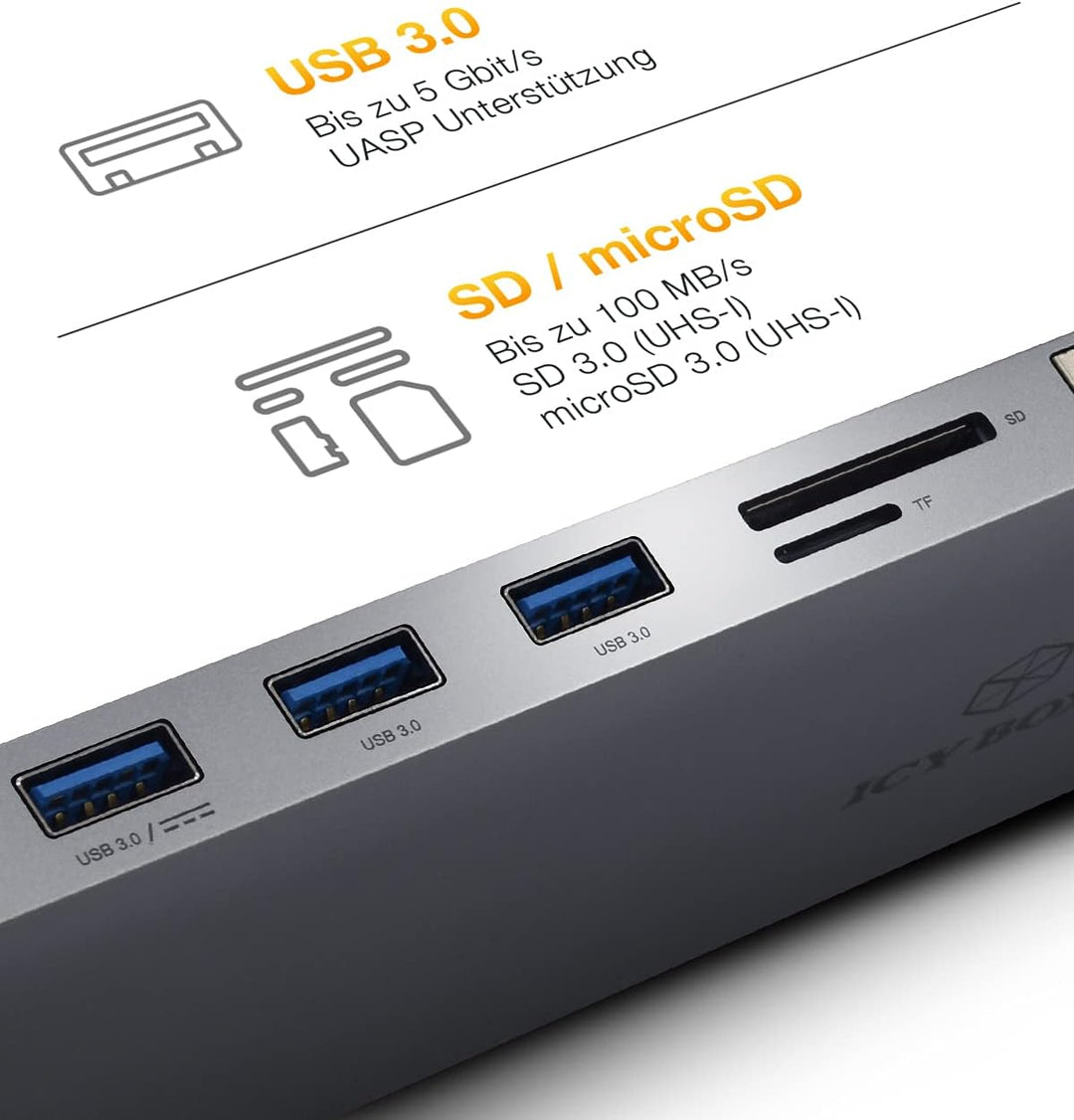 ICY BOX USB-C Docking Station (11-in-1) für 2 Monitore (2x HDMI & 1x VGA), 4K 30Hz, 3-fach USB 3.0 H