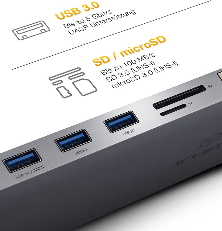 ICY BOX USB-C Docking Station (11-in-1) für 2 Monitore (2x HDMI & 1x VGA), 4K 30Hz, 3-fach USB 3.0 H
