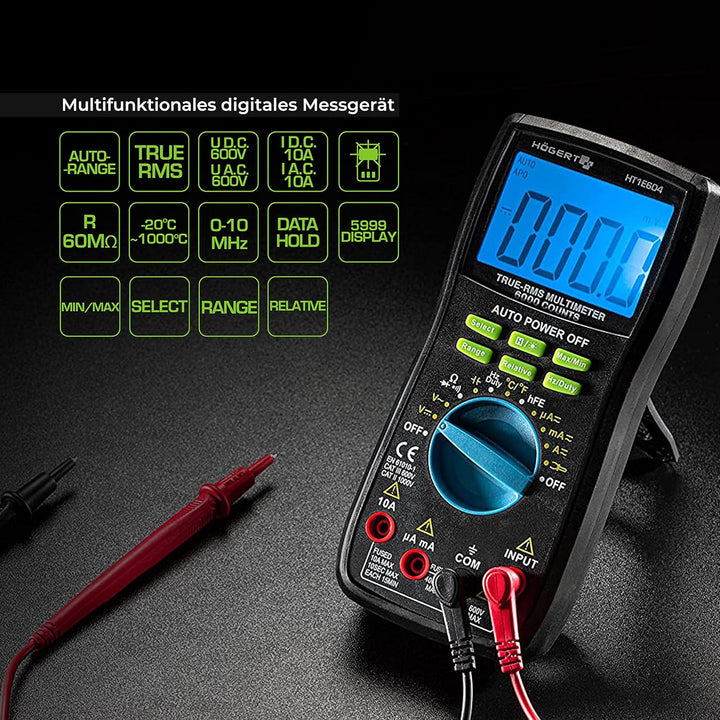 Högert Technik - Multifunktionales Digitales Messgerät I Multimeter bis 600V / 10A I RMS I LCD-Bilds
