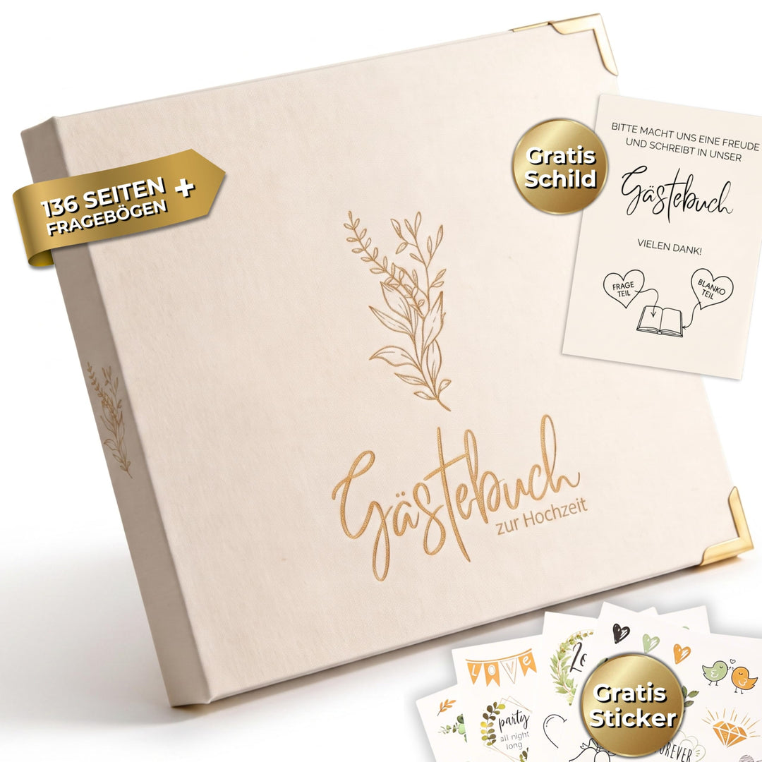 Gästebuch Hochzeit mit Fragen &amp; Blanko – Hochzeitsgästebuch beige Leinen | Hochzeitsgeschenk &amp; Erinn