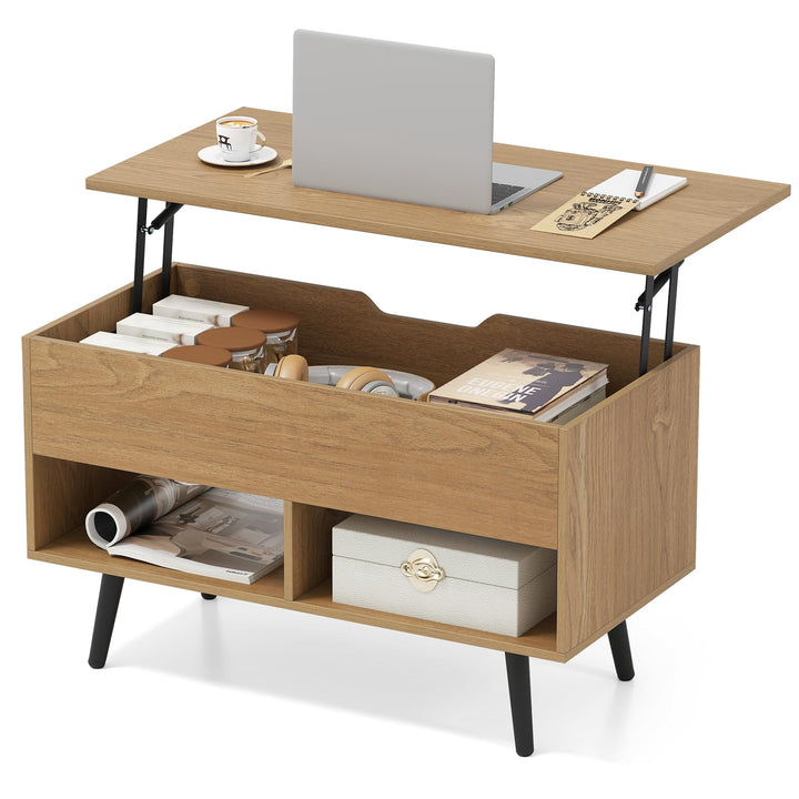 COSTWAY Couchtisch höhenverstellbar, Sofatisch mit anhebbarer Tischplatte & 2 offenen Regalen, auszi