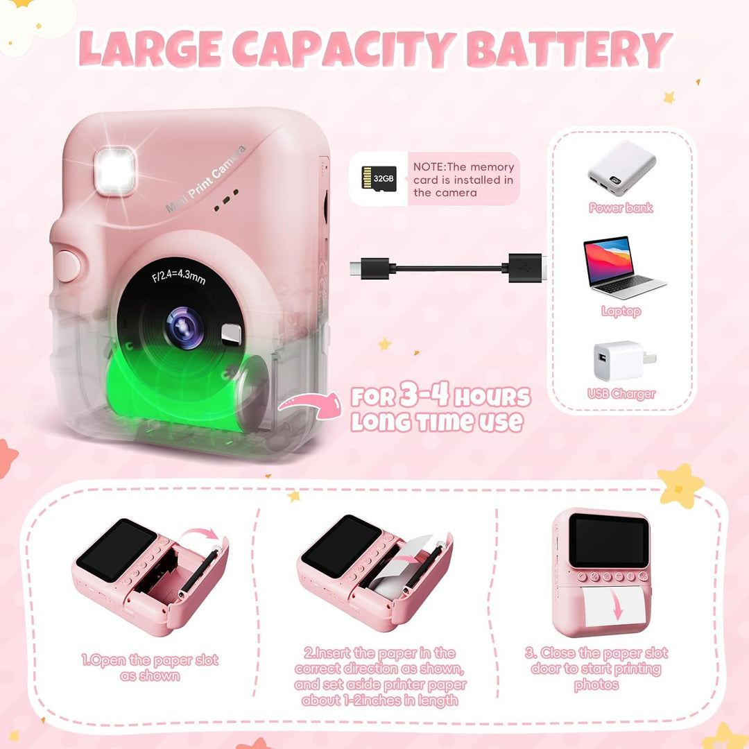 CalineGam Sofortbildkamera Kinder, 3,0 Zoll Bildschirm 48MP Kinderkamera Sofortbildkamera mit 32 GB-